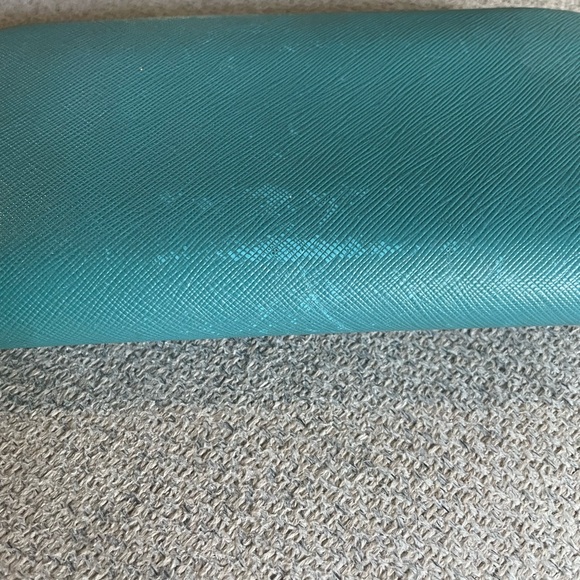 PRADA: Teal Blue Leather & Heritage Gold Logo Long Ziparound Wallet - Picture 4 of 11